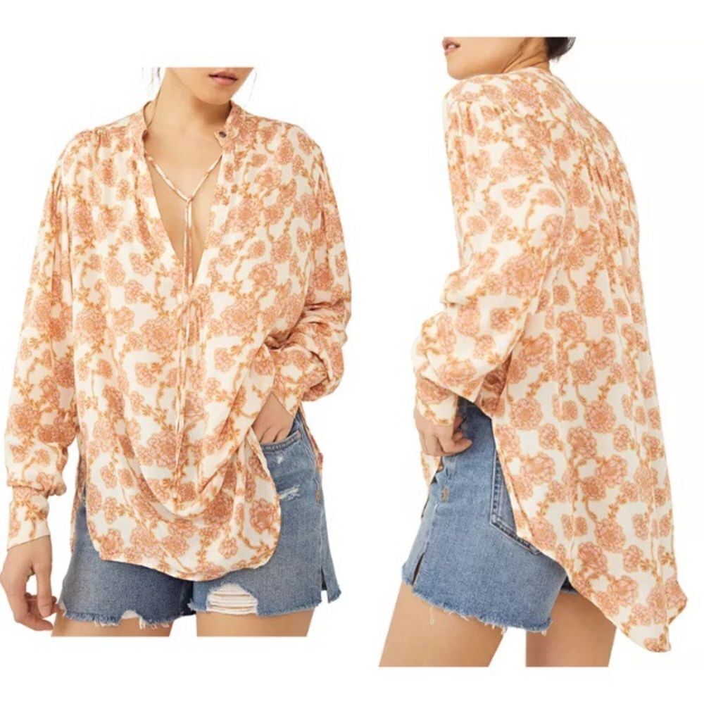 Free People NWT Mia Floral Print Tie Neck Tunic Top in Ivory Combo XS